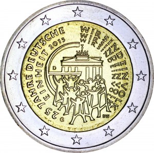 2 euro 2015 Germany 25 years of German Unity, mint mark G price, composition, diameter, thickness, mintage, orientation, video, authenticity, weight, Description
