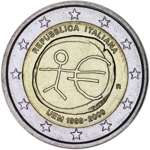 2 euro 2009, Economic and Monetary Union, Italy price, composition, diameter, thickness, mintage, orientation, video, authenticity, weight, Description