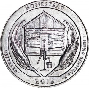 Quarter Dollar 2015 USA Homestead National Monument of America 26th National Park, mint mark P price, composition, diameter, thickness, mintage, orientation, video, authenticity, weight, Description