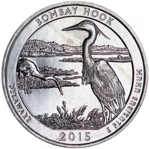 Quarter Dollar 2015 USA Bombay Hook 29th National Park, mint mark P price, composition, diameter, thickness, mintage, orientation, video, authenticity, weight, Description