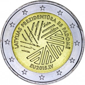 2 Euro 2015 Latvia, Latvian presidency of the EU Council price, composition, diameter, thickness, mintage, orientation, video, authenticity, weight, Description