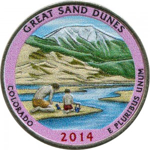 25 центов 2014 США Великие Песчаные Дюны (Great Sand Dunes), 24-й парк, цветная цена, стоимость
