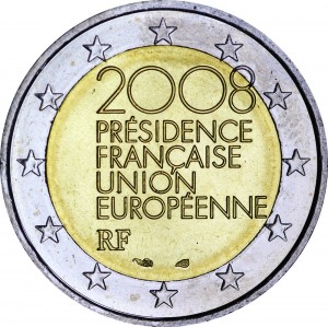 2 euro 2008, France, Presidency of the Council of the European Union price, composition, diameter, thickness, mintage, orientation, video, authenticity, weight, Description