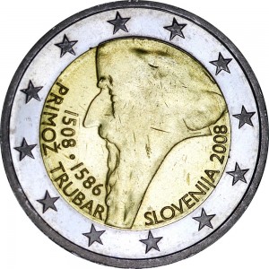 2 euro 2008, Slovenia, Primoz Trubar  price, composition, diameter, thickness, mintage, orientation, video, authenticity, weight, Description