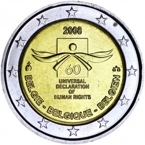 2 евро 2008, Бельгия, 60 лет Декларации прав человека цена, стоимость