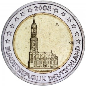2 euro 2008, Germany, Hamburg, mint A price, composition, diameter, thickness, mintage, orientation, video, authenticity, weight, Description