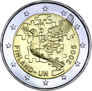 2 евро 2005, Финляндия, 60 лет образования ООН, 50 лет членства Финляндии в ООН цена, стоимость