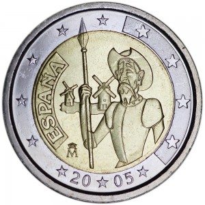2 euro 2005, Spain, Don Quixote price, composition, diameter, thickness, mintage, orientation, video, authenticity, weight, Description