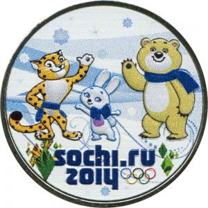 25 roubles 2014 Mascots Sochi, colorized (without blister) price, composition, diameter, thickness, mintage, orientation, video, authenticity, weight, Description