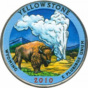 Quarter Dollar 2010 USA Yellow Stone 2nd National Park (colorized) price, composition, diameter, thickness, mintage, orientation, video, authenticity, weight, Description