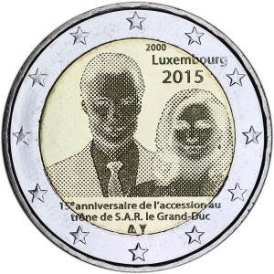 2 euro 2015 Luxembourg, 15th Anniversary of Grand Duke Henri Accession to the Throne price, composition, diameter, thickness, mintage, orientation, video, authenticity, weight, Description