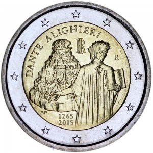 2 euro 2015 Italy Dante Alighieri price, composition, diameter, thickness, mintage, orientation, video, authenticity, weight, Description