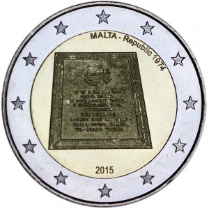 2 Euro 2015 Malta, Republic 1974 price, composition, diameter, thickness, mintage, orientation, video, authenticity, weight, Description