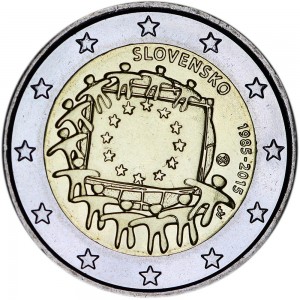 2 euro 2015 Slovakia, 30 years of the EU flag price, composition, diameter, thickness, mintage, orientation, video, authenticity, weight, Description