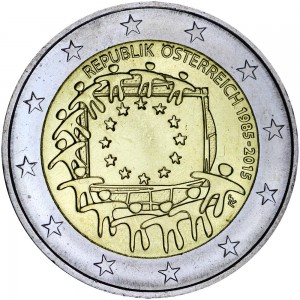2 euro 2015 Austria, 30 years of the EU flag price, composition, diameter, thickness, mintage, orientation, video, authenticity, weight, Description