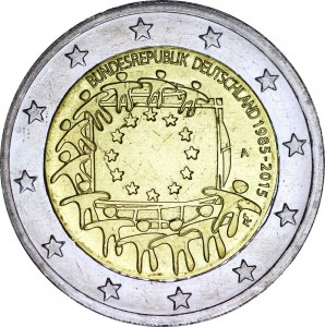 2 евро 2015 Германия, 30 лет флагу ЕС, двор A цена, стоимость