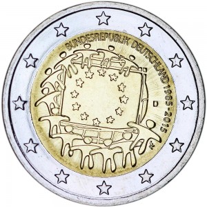 2 euro 2015 Germany, 30 years of the EU flag, mint D price, composition, diameter, thickness, mintage, orientation, video, authenticity, weight, Description