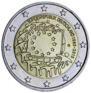 2 euro 2015 Germany, 30 years of the EU flag, mint G price, composition, diameter, thickness, mintage, orientation, video, authenticity, weight, Description