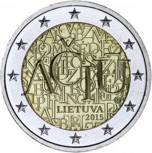 2 Euro 2015 Lithuania, Lithuanian language price, composition, diameter, thickness, mintage, orientation, video, authenticity, weight, Description