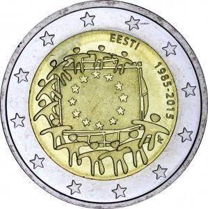 2 евро 2015 Эстония, 30 лет флагу ЕС цена, стоимость