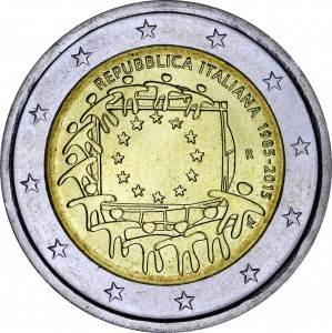 2 евро 2015 Италия, 30 лет флагу ЕС цена, стоимость