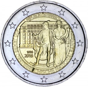 2 евро 2016 Австрия, 200 лет Национальному Банку цена, стоимость