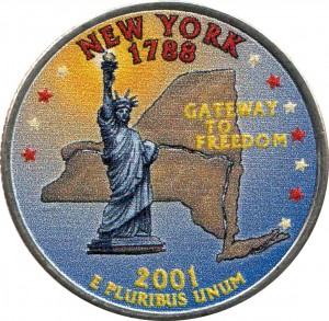 25 cents Quarter Dollar 2001 USA New York (colorized)