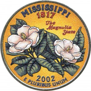 25 cents Quarter Dollar 2002 USA Mississippi (colorized)