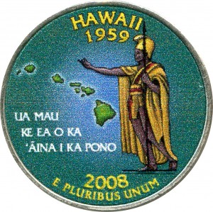 Quarter Dollar 2008 USA Hawaii (farbig) Preis, Komposition, Durchmesser, Dicke, Auflage, Gleichachsigkeit, Video, Authentizitat, Gewicht, Beschreibung