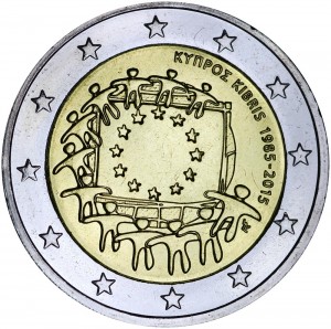 2 euro 2015 Cyprus, 30 years of the EU flag price, composition, diameter, thickness, mintage, orientation, video, authenticity, weight, Description