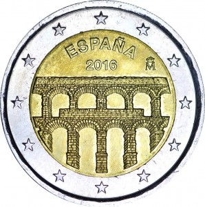 2 euro 2016 Spain Aqueduct of Segovia price, composition, diameter, thickness, mintage, orientation, video, authenticity, weight, Description