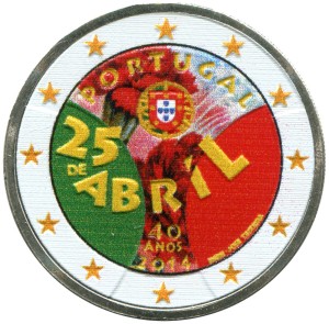 2 euro 2014 Portugal 40th Anniversary of the Carnation Revolution (colorized) price, composition, diameter, thickness, mintage, orientation, video, authenticity, weight, Description