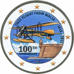 2 Euro 2015 Malta, the first 100 years of air travel from Malta (colorized) price, composition, diameter, thickness, mintage, orientation, video, authenticity, weight, Description