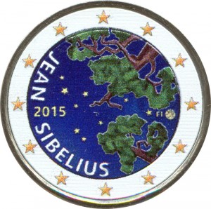 2 евро 2015 Финляндия, Ян Сибелиус (цветная) цена, стоимость