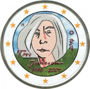 2 euro 2014 Finland 100th Anniversary of Tove Jansson (colorized) price, composition, diameter, thickness, mintage, orientation, video, authenticity, weight, Description