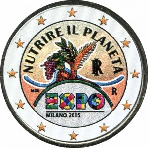 2 Euro Italien 2015 EXPO Milano 2015 (farbig) Preis, Komposition, Durchmesser, Dicke, Auflage, Gleichachsigkeit, Video, Authentizitat, Gewicht, Beschreibung