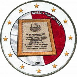 2 Euro 2015 Malta, Republic 1974 (colorized) price, composition, diameter, thickness, mintage, orientation, video, authenticity, weight, Description
