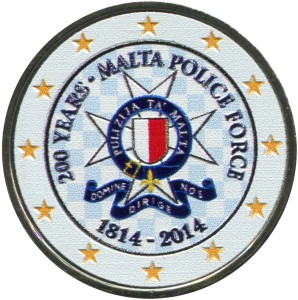 2 euro 2014 Malta 200 years of Malta Police Force (colorized) price, composition, diameter, thickness, mintage, orientation, video, authenticity, weight, Description
