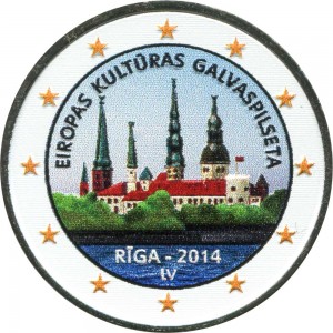 2 euro 2014 Latvia, Riga (colorized) price, composition, diameter, thickness, mintage, orientation, video, authenticity, weight, Description