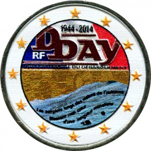 2 euro 2014 France 70th Anniversary of the Normandy landing D-Day (colorized) price, composition, diameter, thickness, mintage, orientation, video, authenticity, weight, Description