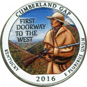 Quarter Dollar 2016 USA Cumberland Gap 32th National Park, (colorized) price, composition, diameter, thickness, mintage, orientation, video, authenticity, weight, Description