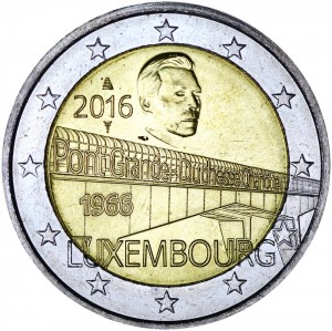 2 euro 2016 Luxembourg, 50 Years of Grand Duchess Charlotte Bridge price, composition, diameter, thickness, mintage, orientation, video, authenticity, weight, Description