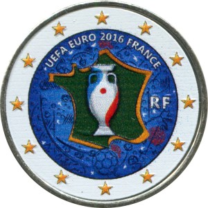 2 euro 2016 France, UEFA European Championship (colorized) price, composition, diameter, thickness, mintage, orientation, video, authenticity, weight, Description