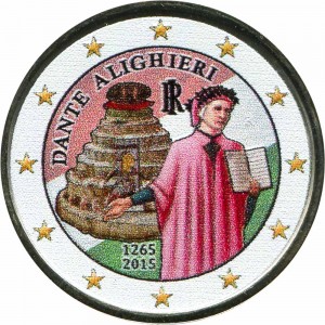 2 euro 2015 Italy Dante Alighieri (colorized) price, composition, diameter, thickness, mintage, orientation, video, authenticity, weight, Description