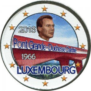 2 euro 2016 Luxembourg, 50 Years of Grand Duchess Charlotte Bridge (colorized) price, composition, diameter, thickness, mintage, orientation, video, authenticity, weight, Description