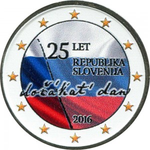 2 euro 2016 Slovenia. 25th anniversary of Independence (colorized) price, composition, diameter, thickness, mintage, orientation, video, authenticity, weight, Description
