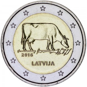 2 Euro 2016 Latvia, Cow price, composition, diameter, thickness, mintage, orientation, video, authenticity, weight, Description