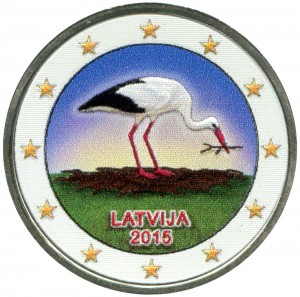 2 евро 2015 Латвия, Аист (цветная) цена, стоимость