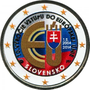 2 euro 2014 Slovakia 10 years of Slovakia's entry into the EU (colorized) price, composition, diameter, thickness, mintage, orientation, video, authenticity, weight, Description