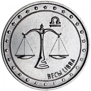 1 ruble 2016 Transnistria, Zodiac sign, Libra price, composition, diameter, thickness, mintage, orientation, video, authenticity, weight, Description